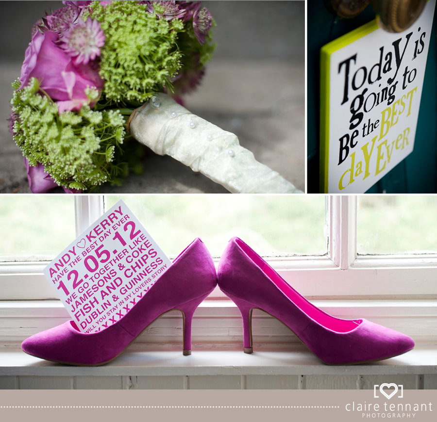 pink wedding shoes and flowers